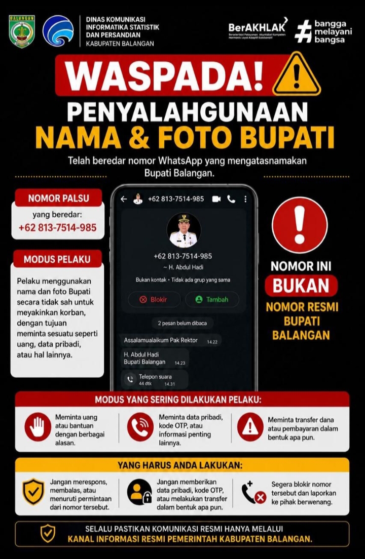 Waspada Penipuan Mengatasnamakan Bupati Balangan, Masyarakat Diminta Tidak Percaya Waspada Penipuan Mengatasnamakan Bupati Balangan, Masyarakat Diminta Tidak Percaya
